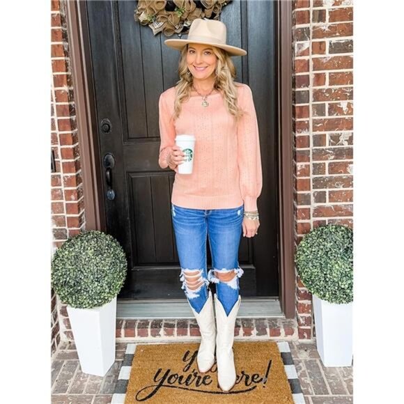 Women Fall Sweater 2025 Puff Sleeve Square Neck Knit Pullover Tunic Top Casual - Picture 6 of 7